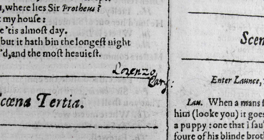 Lorenzo Cary's autograph on leaf C5v of the First Folio (Sp Coll BD8-b.1)