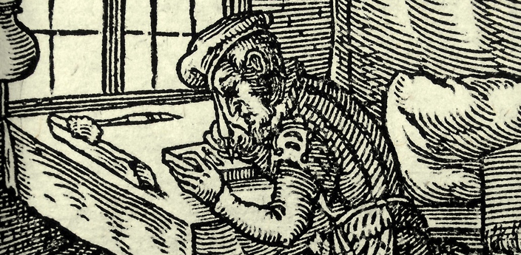 Detail showing a woodblock cutter ('formschneider') at work. Leaf C2r from Schopper's 1574 'De Omnibus illiberalibus', woodcuts by Jost Amman. Sp Coll S.M. 969