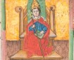 Boniface VIII坐在王位上，穿着三冠并拿着一本书和教皇的人员在他手中（SP Coll BD9-A.11）