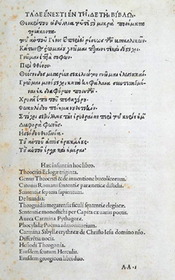 Contents page in Greek ad Latin
