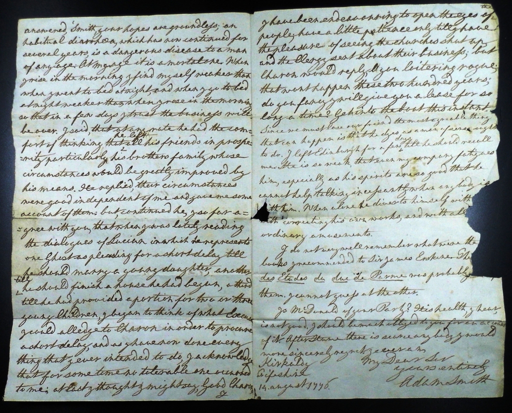 写信给亚历山大Wedderburn从亚当·斯密,柯克沃尔:1776年8月14日。将军女士(510/47)