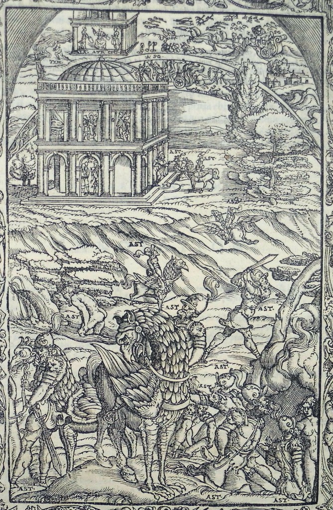 在前景，右边，Astolfo在地狱的入口遇见Lidia;在图像的上方，阿斯托尔福正坐着一辆战车向月球进发。第34章木版(警司q2)