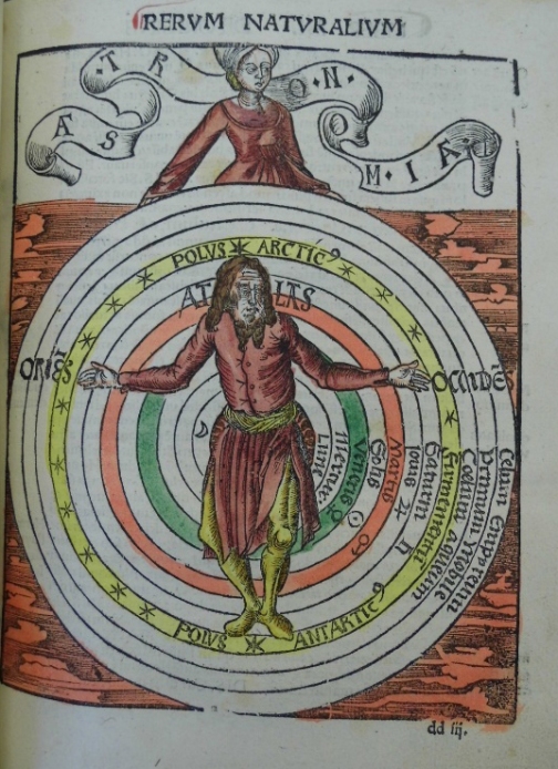 中世纪版本的地心说宇宙的图像;注意，人在它的中心