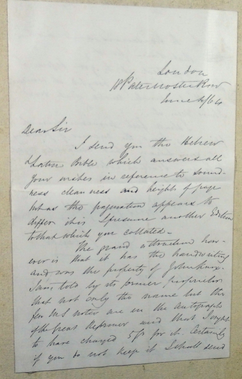 Letter from Ebenezer Palmer to William Euing, offering him the "Knox" Old Testament (Sp Coll Euing Dr-b.5)