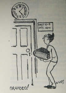 Cartoon showing Library opening hours in the 1930s. Glasgow University Students' Hanbook, 1934-5 (Sp Coll Mu. Add. 145)