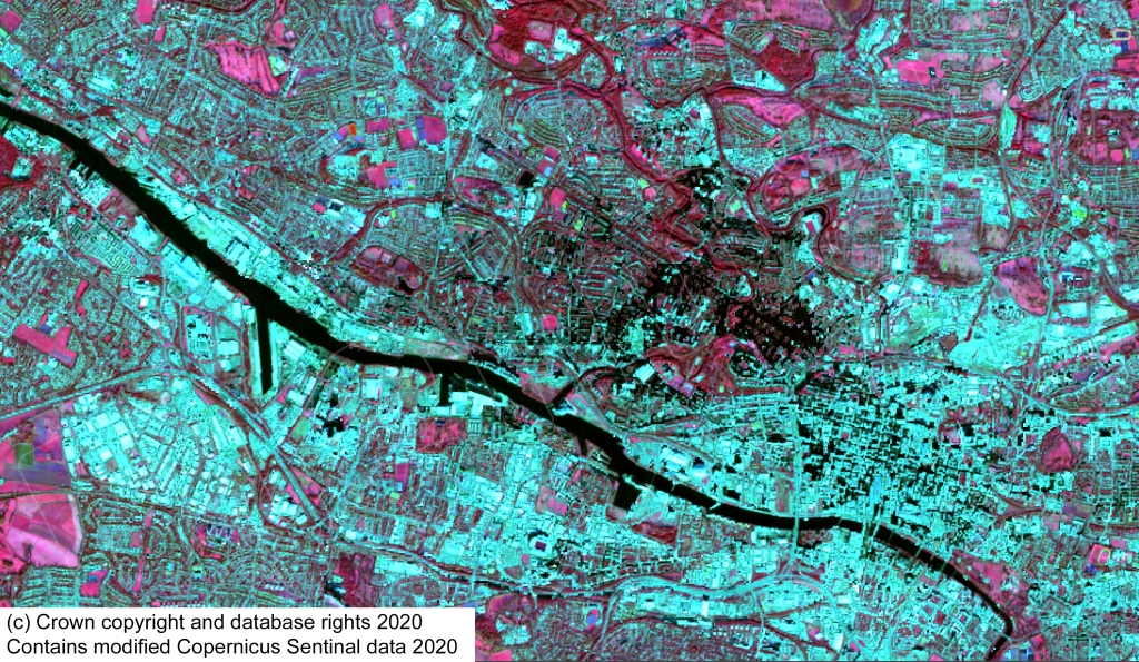屏幕截图显示了格拉斯哥西端的地图，建筑物为绿色，植物寿命为各种粉红色的阴影。