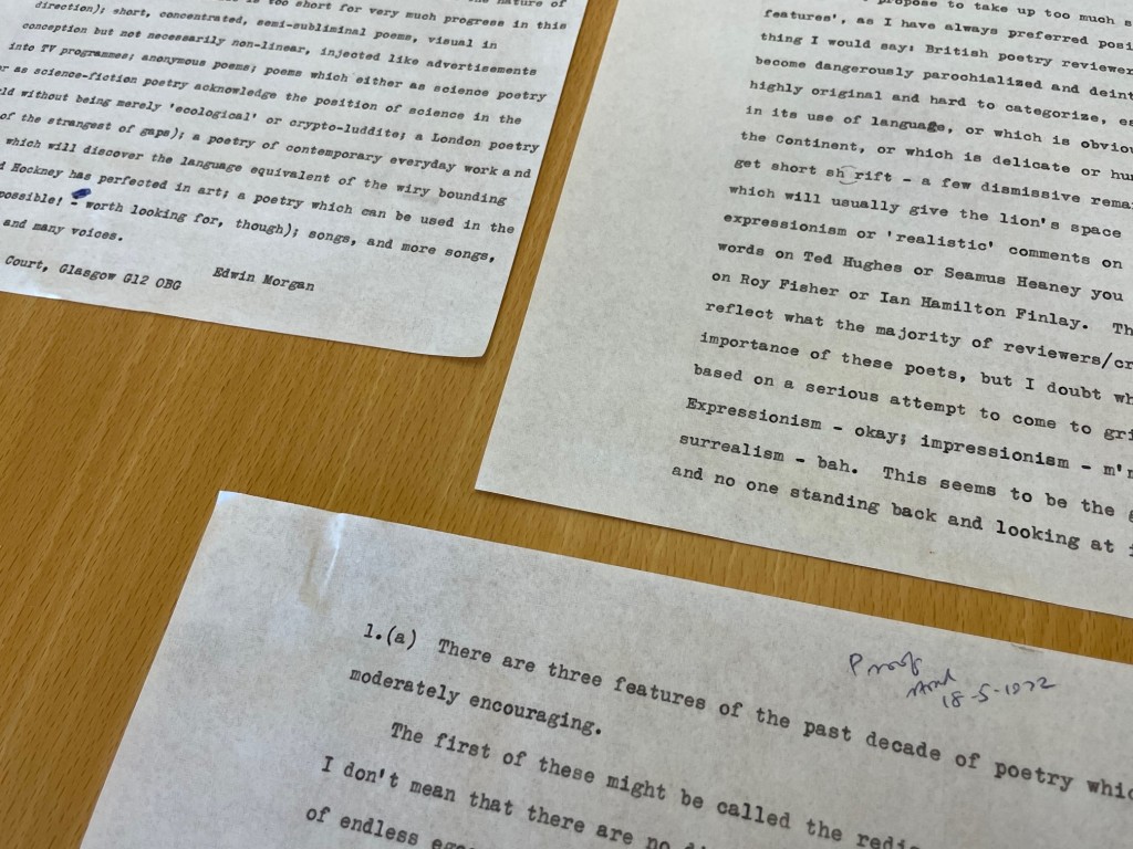 Graphic image of typescript pages written by Edwin Morgan, with annotated note 'Proof'